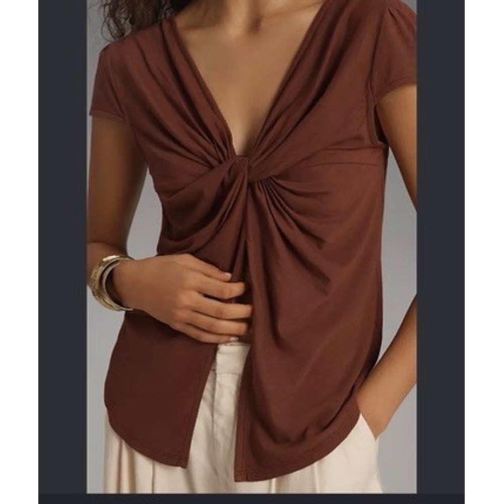 Anthropologie Reversible Twist Front Top Brown Short Sleeve V-Neck Large NEW